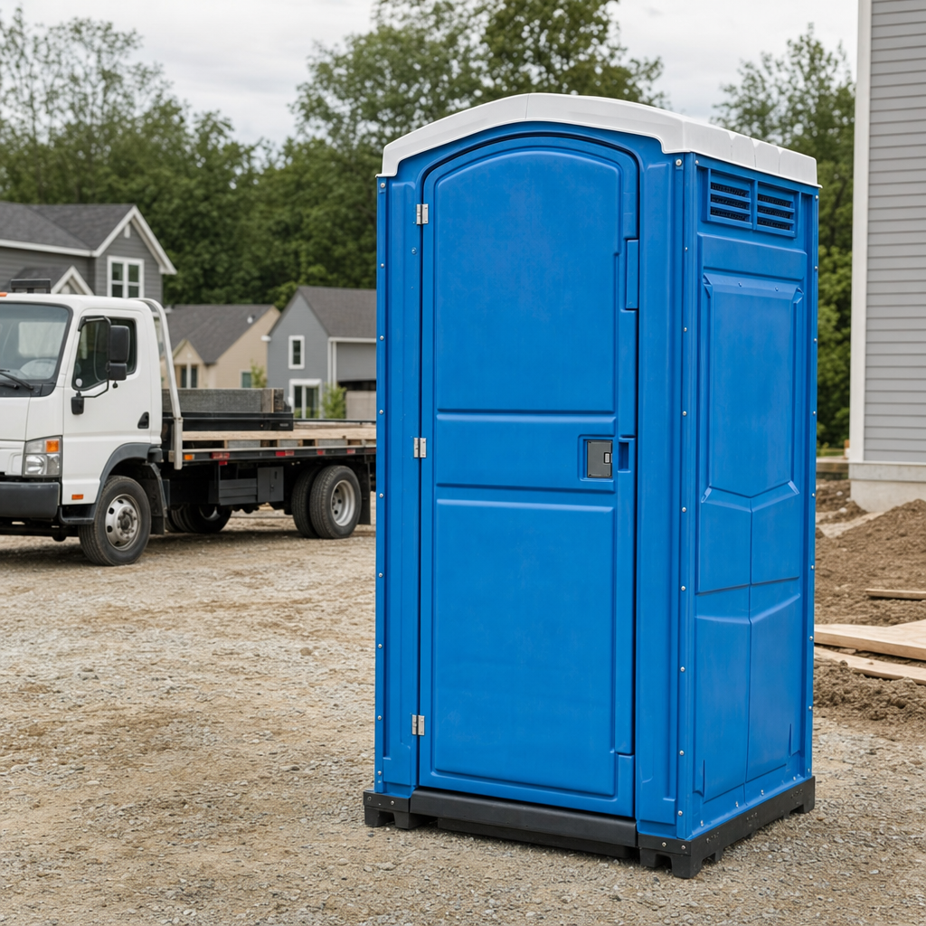 Delivery driver positioning a clean royal-blue portable toilet on level ground at a Dayton worksite