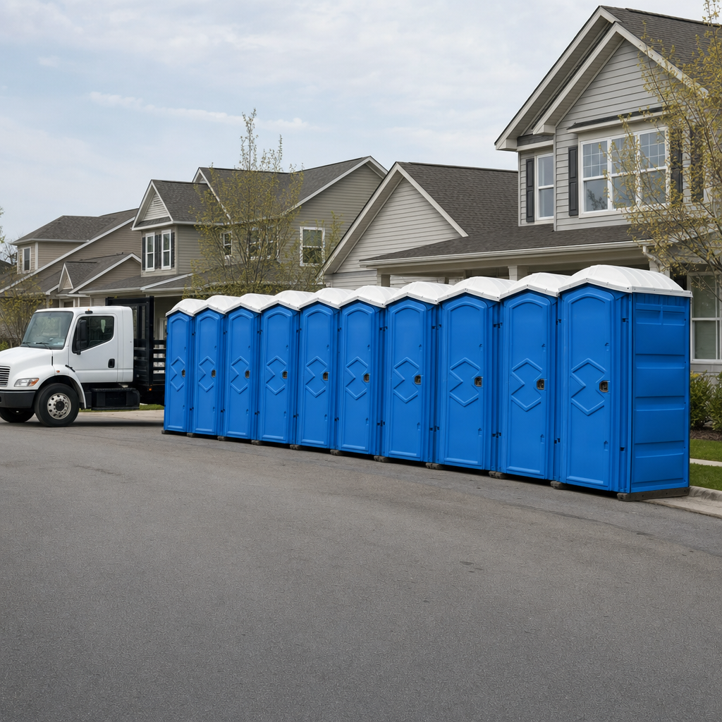 Royal blue portable toilets staged in a tidy row at a Dayton jobsite, ready for delivery